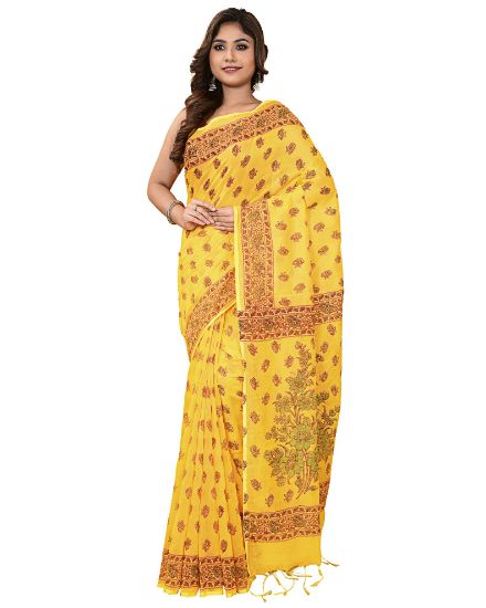 Picture of Handloom Yellow Colour Saree Red Design