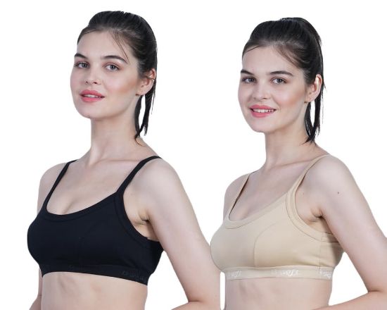 Picture of B-SOFT Women's Regular Fit Solid Sports Bra for Everyday (Black & Skin - Pack of 2) 