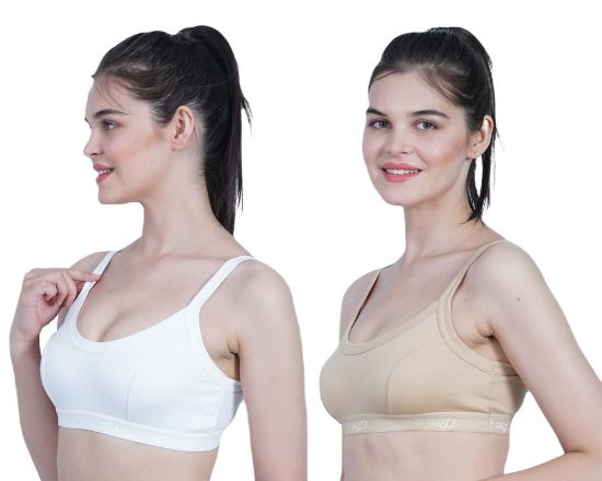 Picture of B-SOFT Women's Regular Fit Solid Sports Bra for Everyday (White & Skin - Pack of 2) 